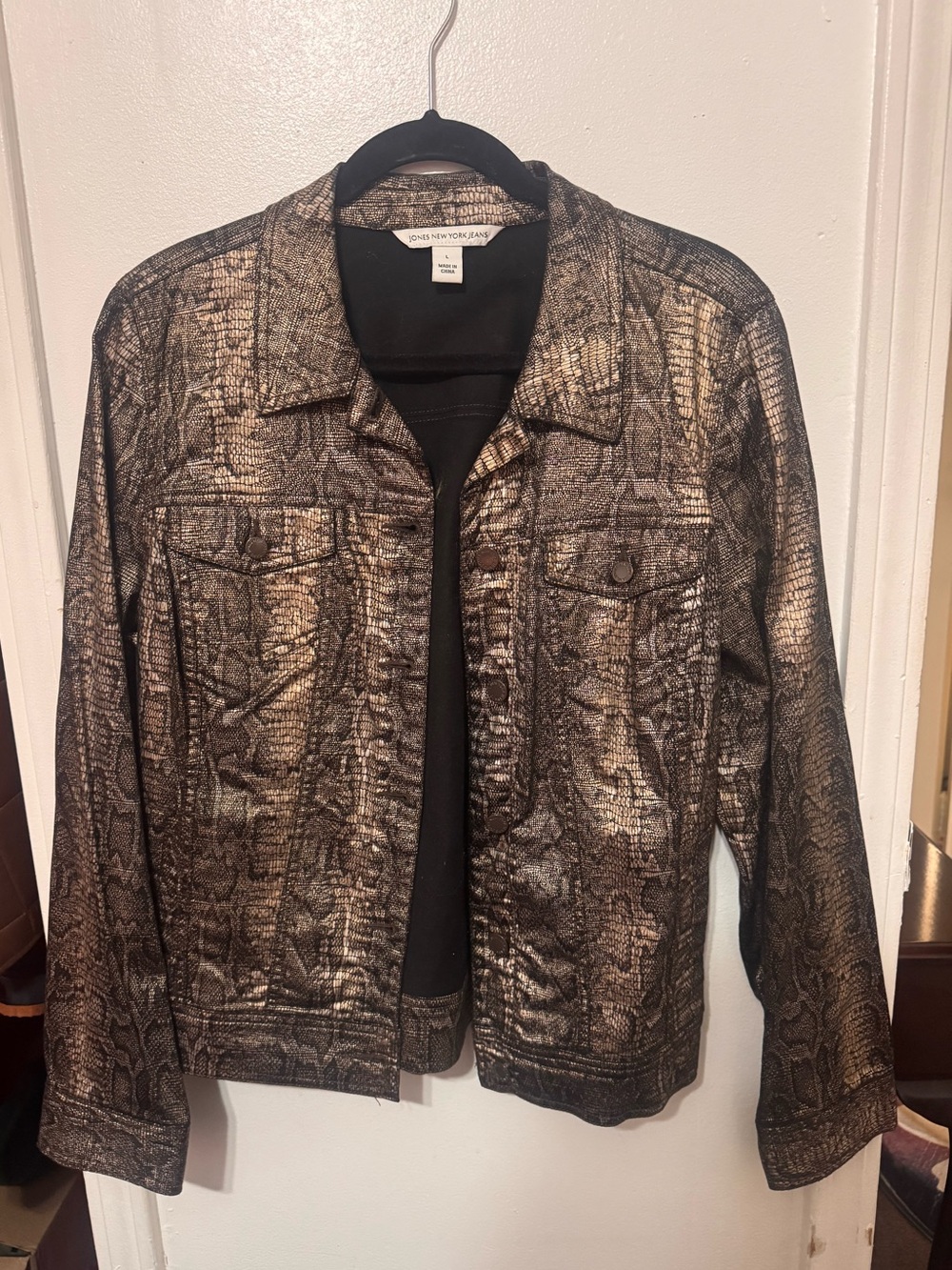 Jones New York Metallic Snake-Print Jean Jacket - Black and Brown